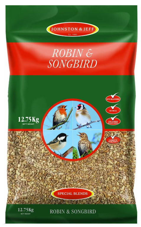 Johnston & Jeff Robin Songbird No Mess Mix Mealworms Sunflower Hearts 12.75kg