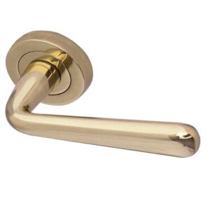 Frelan Hardware Paja Laguna Door Handles On Round Rose, Polished Brass (sold in pairs)